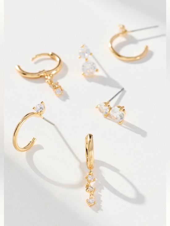 Anthropologie Jewelry - Anthropologie 14KT Gold Plated Earrings Thin Drop New Set of 3 CZ Hoops